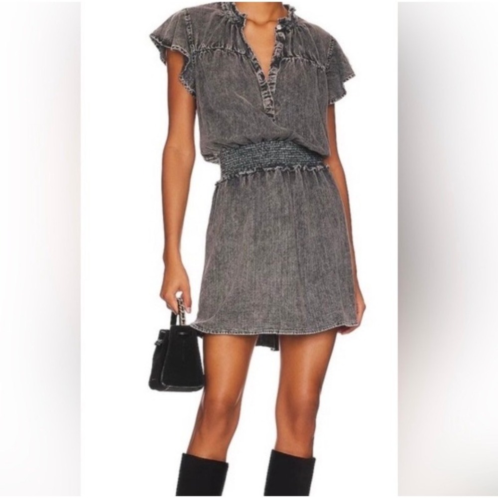Rails Amina Mini Dress Grey Acid Wash Smocked Waist Ruffle Small Short Sleeve